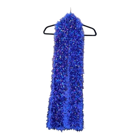 Blue Fuzzy Fun Fur Scarf with colorful Confetti Pom Pom’s.  Hand knit.  So Soft. - Picture 1 of 2